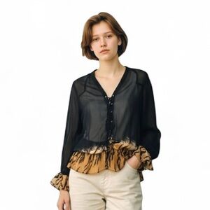 Roberto Cavalli Black Tan  Sheer Blouse Silk Black Tiger Print